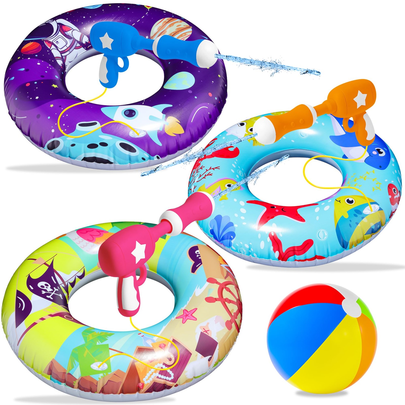 3 Pack Pool Floats with 3 Water Guns Kids, Inflatable Pool Swim Tubes with Be...