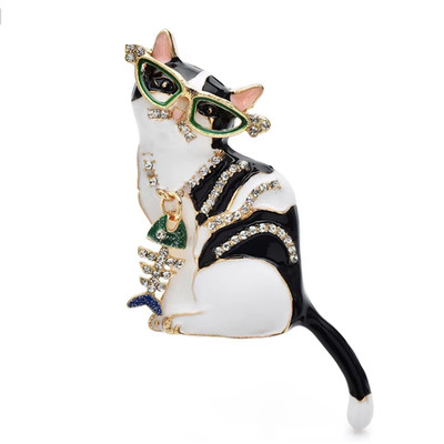 Vintage Style Enamel Cat Fish Brooch Pin Sunglasses Crystal Animal Jewelry Gift