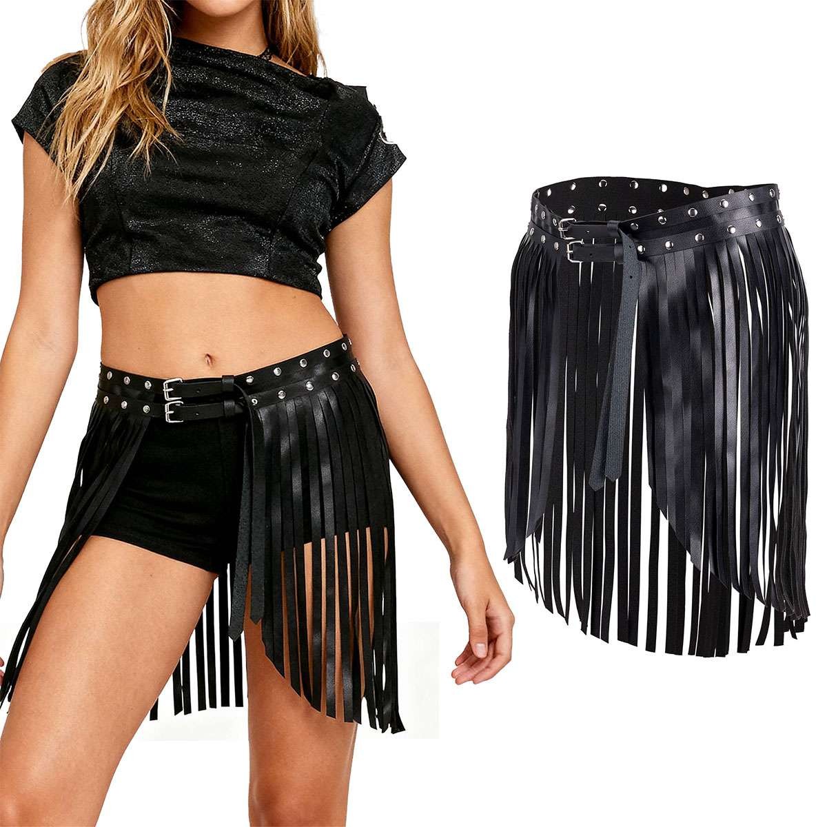 PU Leather Wide Tassel Waist Belt Adjustable Fringe Skirt Belt Lopsity Women Tassel Fringe Skirt Belt Punk Waist Belt PU  main image 4