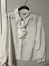 Vintage  Laura Mae 70’s Button Up Long Sleeve Ruffle Blouse, White Detailed