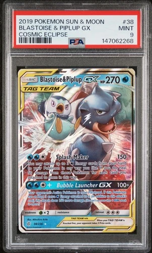 2019 POKEMON SUN & MOON COSMIC ECLIPSE #38 BLASTOISE & PIPLUP GX PSA 9