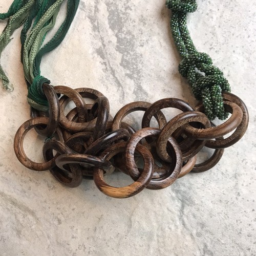 Handmade Artisan Boho Wood Bead Silk Copper Statement Necklace Bohemian - Picture 3 of 6
