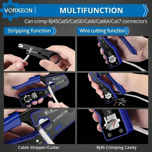 Cabling Crimp Tool Electrical Kit Wire Stripper, 50 Cat6 Pass-Through Connectors - Picture 3 of 8