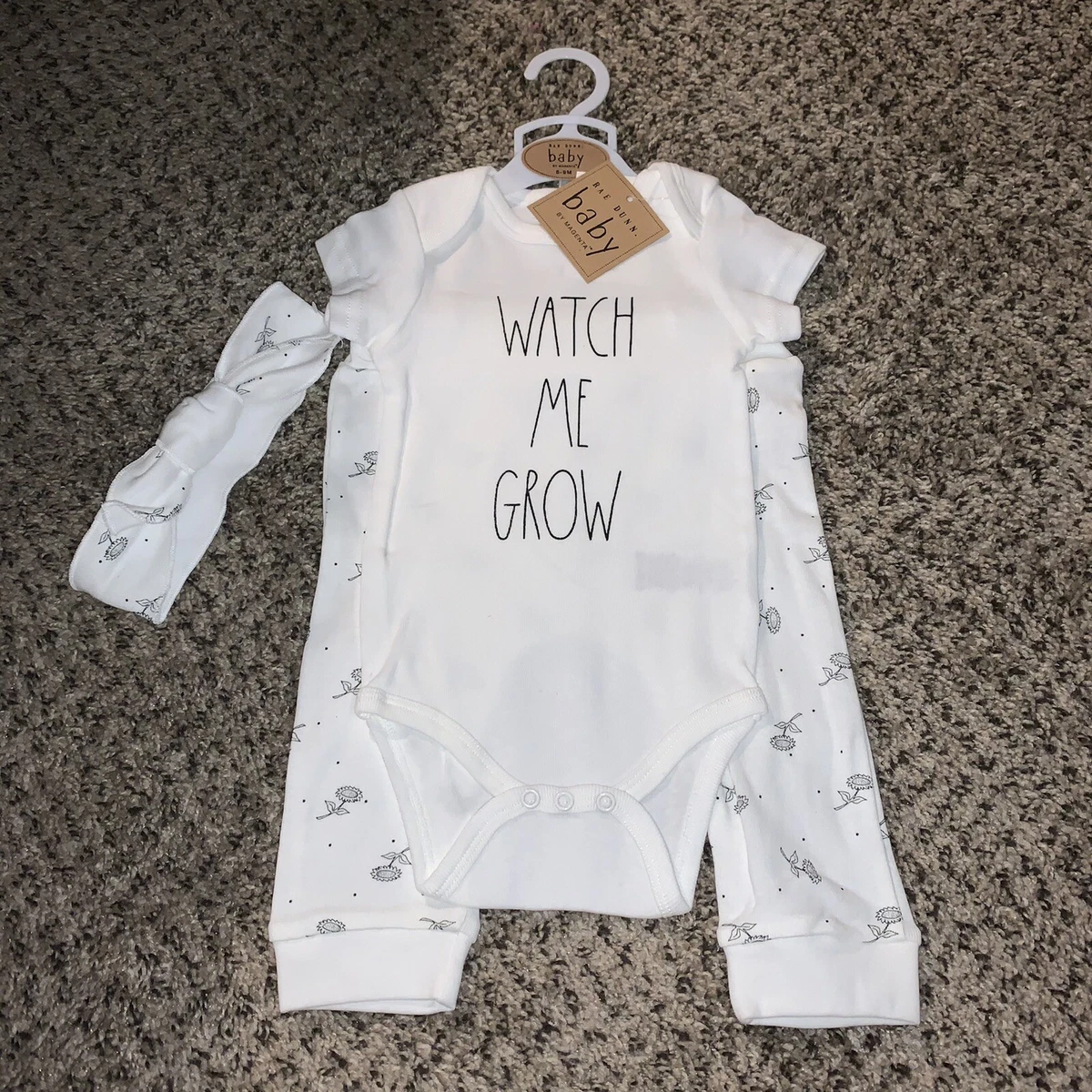 Rae Dunn Baby Clothes Bodysuit Pants Headband Set Watch Me Grow 6 9 months NEW