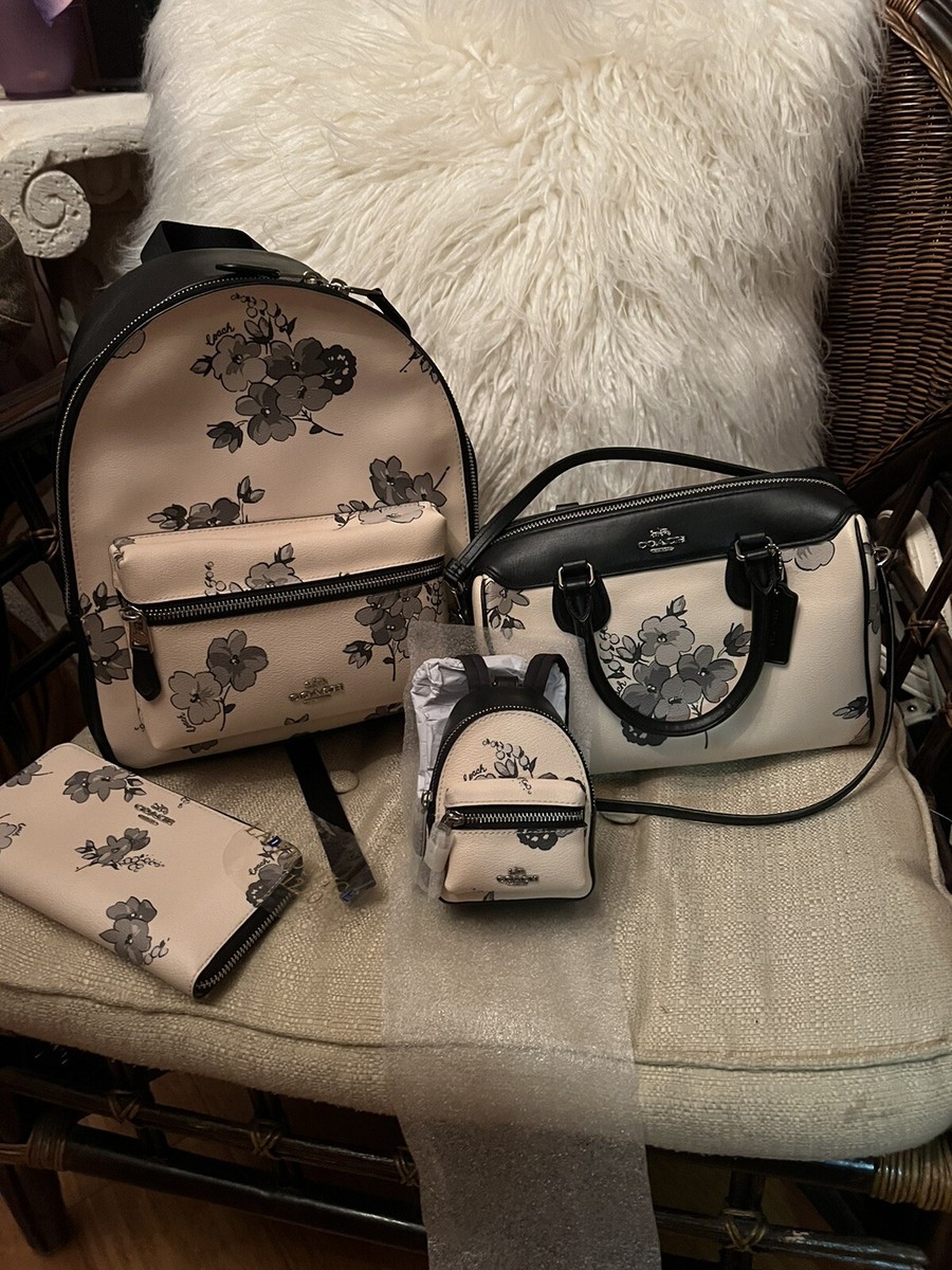 Coach Charlie Floral Black Leather Backpack """"4 PIECE SET""""