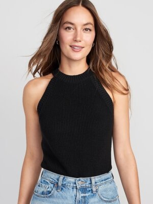 Old Navy Women's Sz L Sleeveless Cropped Shaker-Stitch Sweater Black NWT 