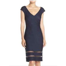 Tadashi Shoji Amata Pintuck Jersey V-Neck Navy Dress Size Small