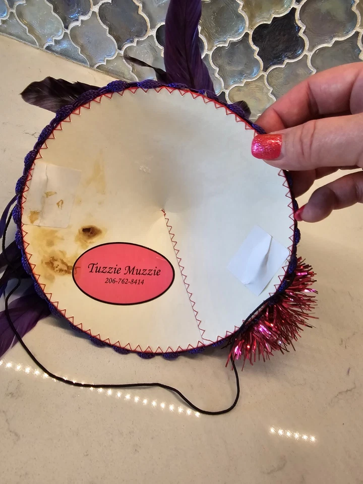 Vtg Mardi Gras Feather Hat Red Purple Hat Society Tuzzie Muzzie Handmade CA - Image 4 of 4