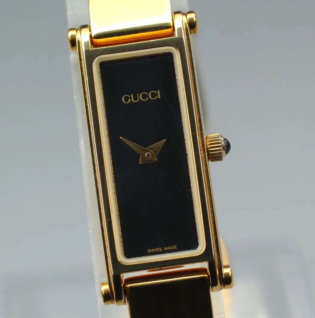 [Presque comme neuf] Bracelet vintage GUCCI 1500 doré cadran noir Qz femme du JAPON