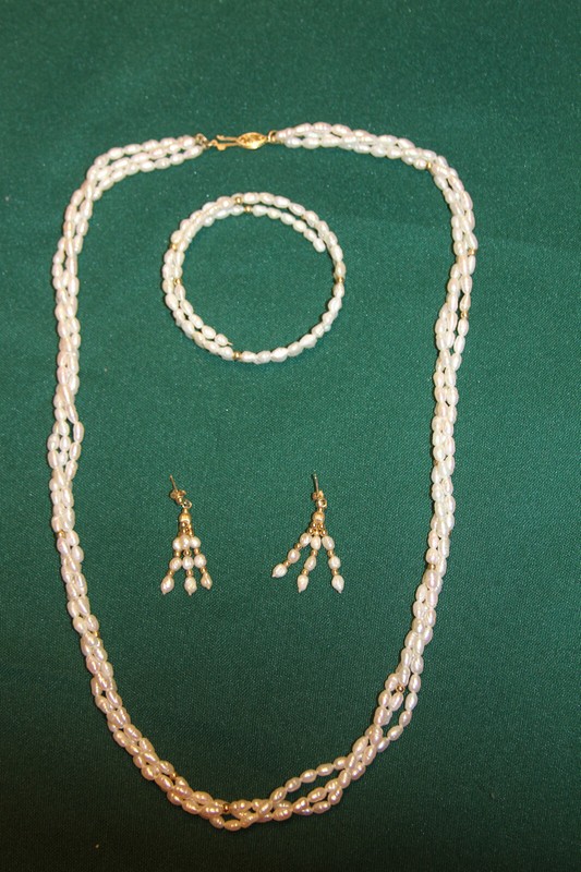 Vintage Rice Pearl Earrings, Bracelet, and Necklace Set