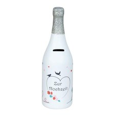 Spardose Flasche Zur Hochzeit Weiß Silber mit Aufdruck Geldgeschenk 31 cm hoch