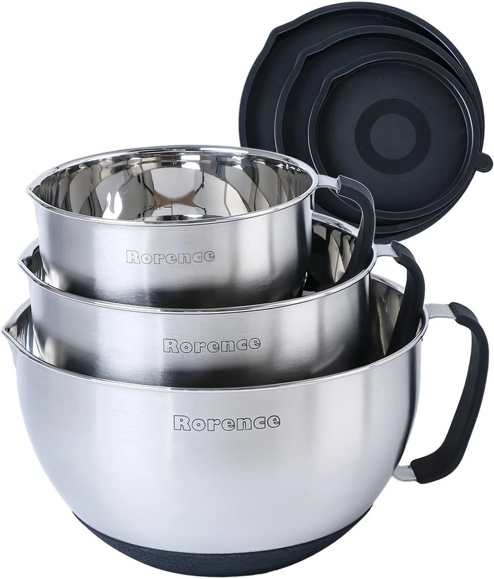 Stainless Steel Non-Slip Mixing Bowls with Pour Spout, Handle and Lid, Set of 3,