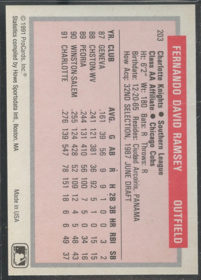 1991 ProCards Minor League #203 Fernando Ramsey Charlotte Knights - Image 2 of 2