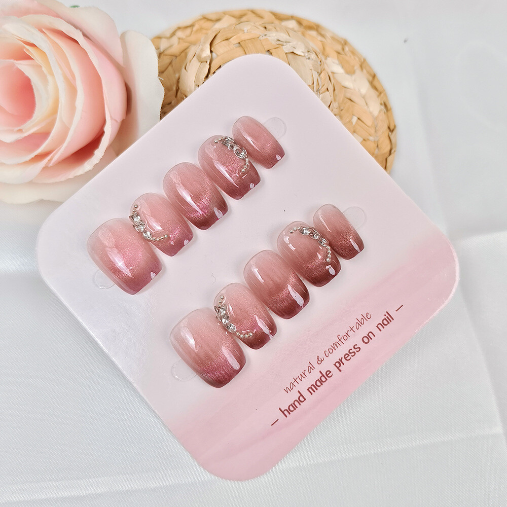 24PCS Handmade False Nail Diamond Cat's Eye Square Press on Nails for