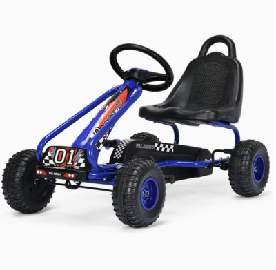 Blue Pedal Go Cart - Adjustable Seat, Handbrake, Non-Slip Wheels