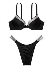 Victoria  s Secret Swim Shine-Trim Push-Up Double Strap Brazilian Set Black