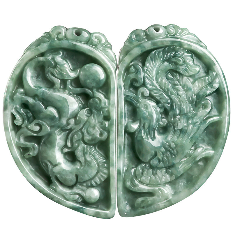 Certified Grade A Natural Green Jadeite Dragon Phoenix Carved Pendant for Luck