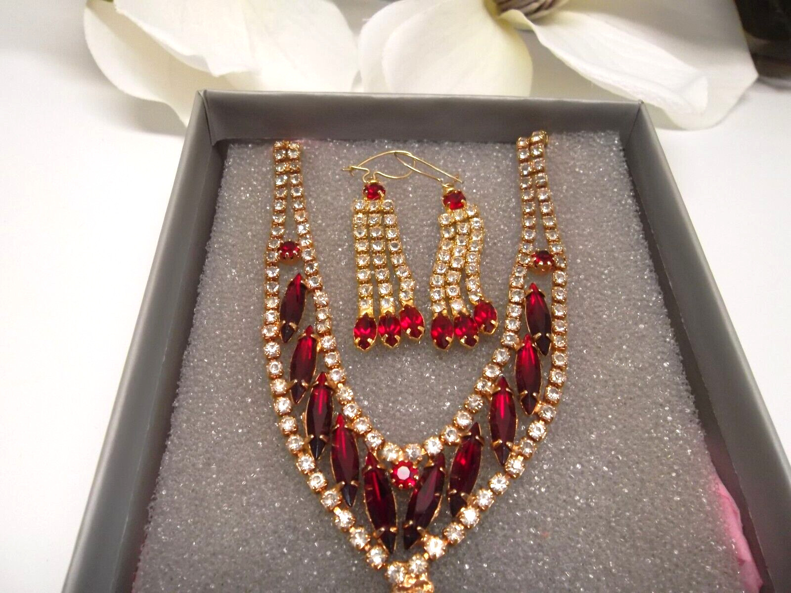 Ruby Red CZ Statement Choker Necklace Earrings EXQUISITE * NEW YEARS EVE READY