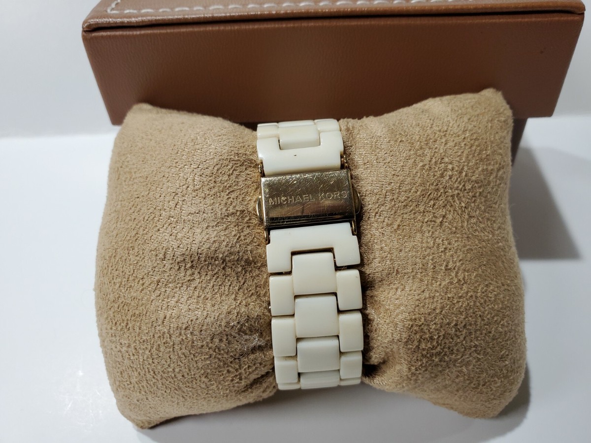 Michael Kors MK5189 White Ceramic Dial Yellow Gold Bezel 
