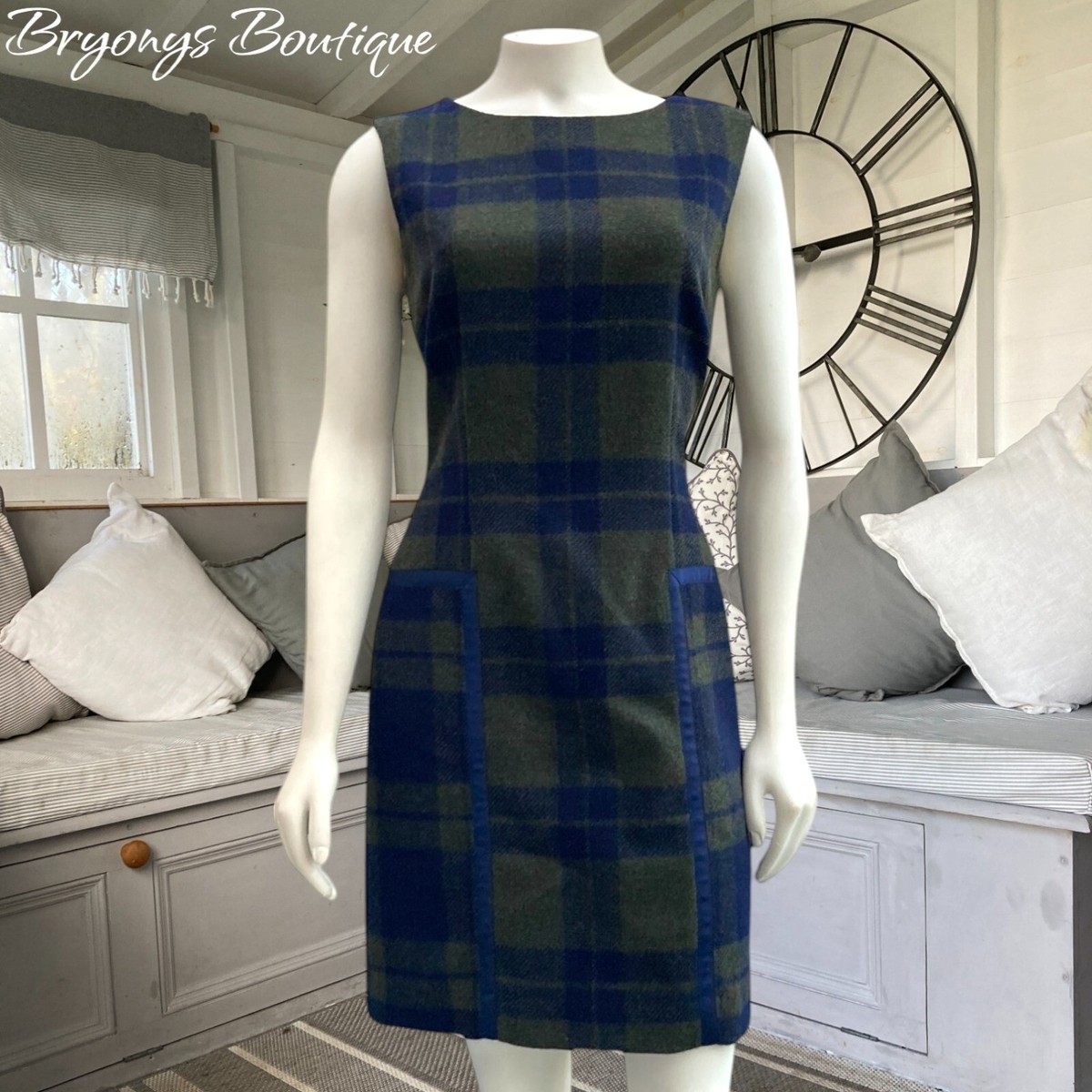 HOBBS Tartan Check 100% Wool Shift Pinafore Tweed Dress 10 Green Blue