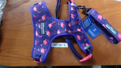 BEAST & BUCKLE purple with pink flamingos harness & leash  SKSD9 DS755 B2