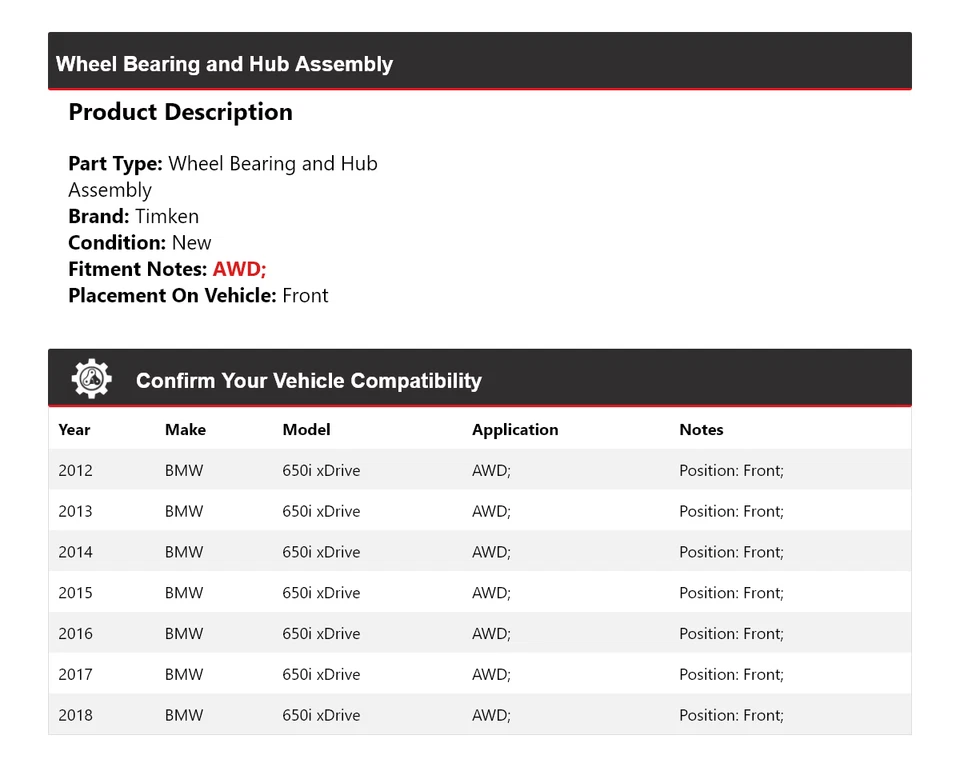 Подшипник колеса полного привода и ступица в сборе передние Timken для BMW 650i xDrive 2012-2018 годов выпуска - Изображение 2 из 4