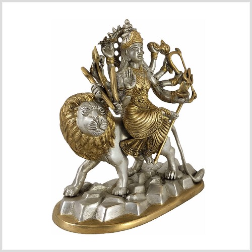 Durga Messing Indien Shiva Buddha Löwe Tibet Hinduismus Silber Gold 22cm 2,9kg - Picture 3 of 3