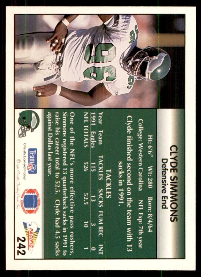 1992 Pacific Clyde Simmons Football Cards #242 - Image 2 of 2