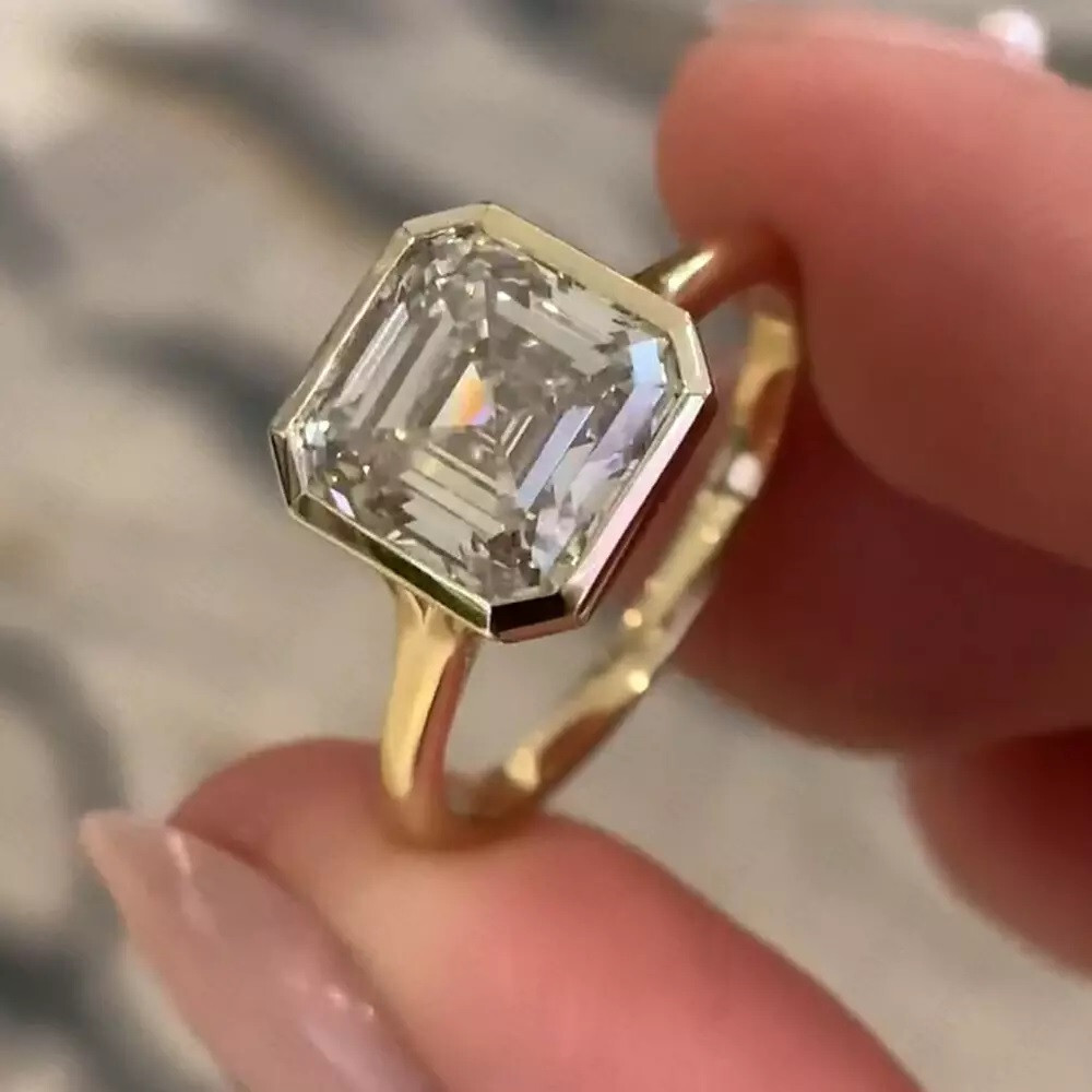 Ct Asscher Cut Moissanite Bezel Set Engagement Ring 18K Yellow