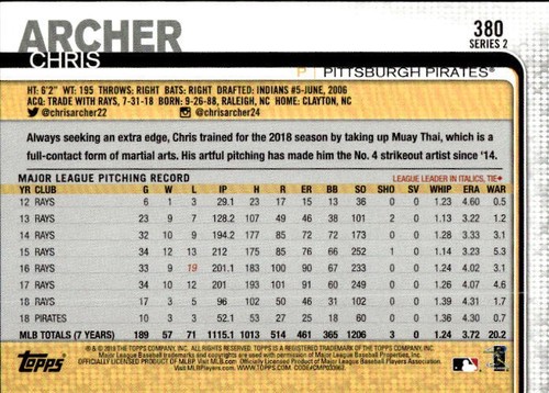 Chris Archer 2019 Topps #380 All-Star Game Pittsburgh Pirates - Picture 2 of 2