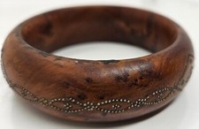 Handmade Vintage Burl Wood Bangle Bracelet Brown Studded Design