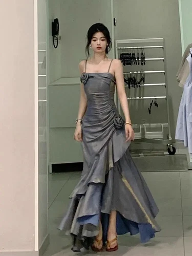 New Vintage Velvet Long Dress Women's Italian Noodle Strap Flower Dress - Picture 11 of 19