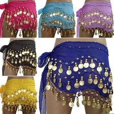 6PCS Belly Dance Costume 128 Coins Dancing Skirt Sequin Waist Scarves Wrap Belt
