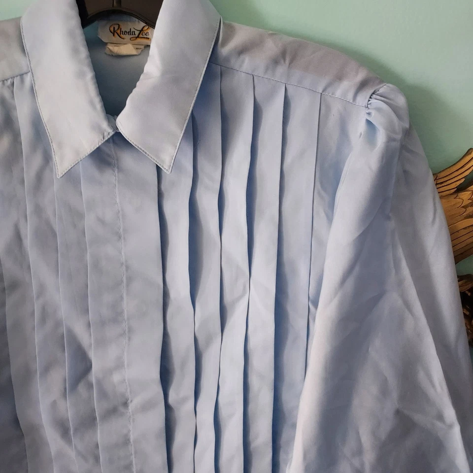 Top vintage años 70 Rhoda Lee plisado con botones para mujer talla 10 azul Foto 2 de 4