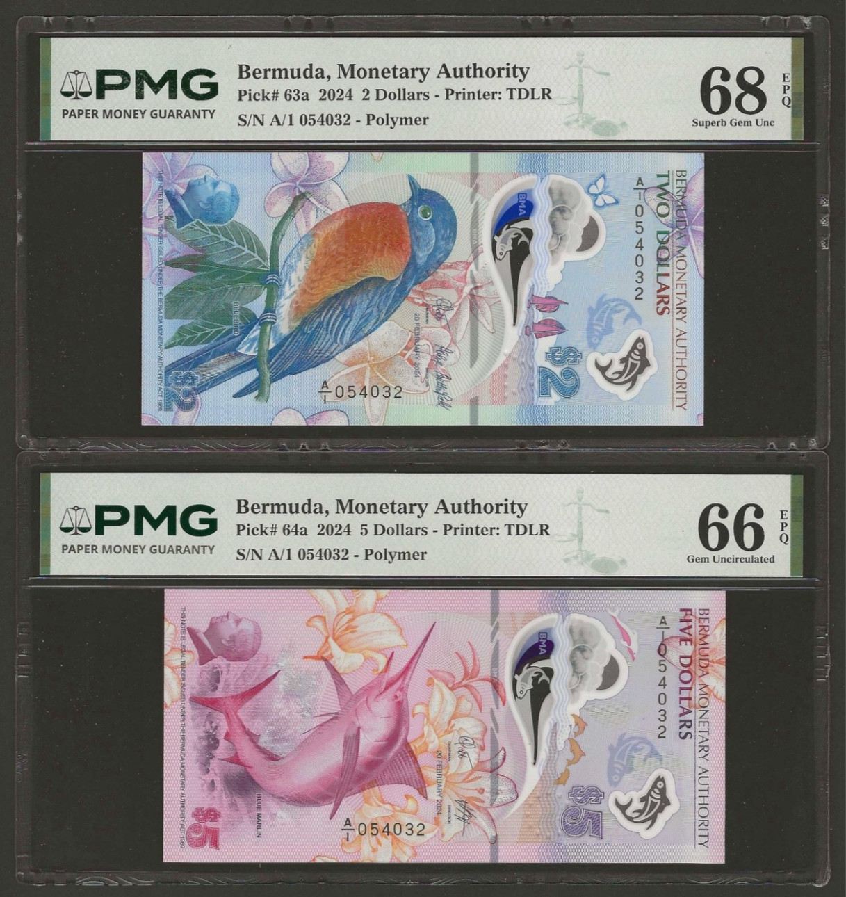 BERMUDA $2 & $5 Dollars 2024, MATCH S/N, P-63a & 64a, PMG 66 & 67 EPQ Gem UNC #2