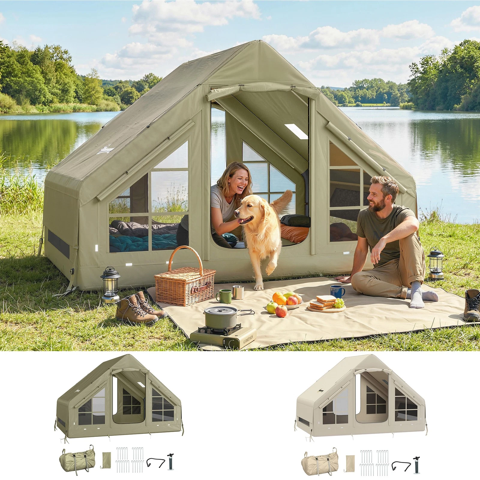 Inflatable Camping Tent with Pump, 2-4 Person Glamping Tent