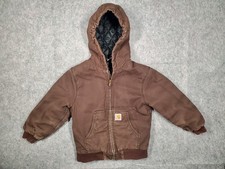 Carhartt Youth Canvas Lined Jacket With Hood Size S 7-8 Brown Quilted Full Zip