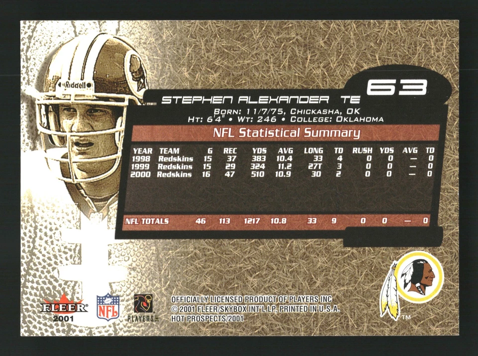 Stephen Alexander 2001 Fleer Hot Prospects #63 Washington Redskins - Image 2 of 2