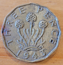 1943 King George VI Threepence 3d coin - F.