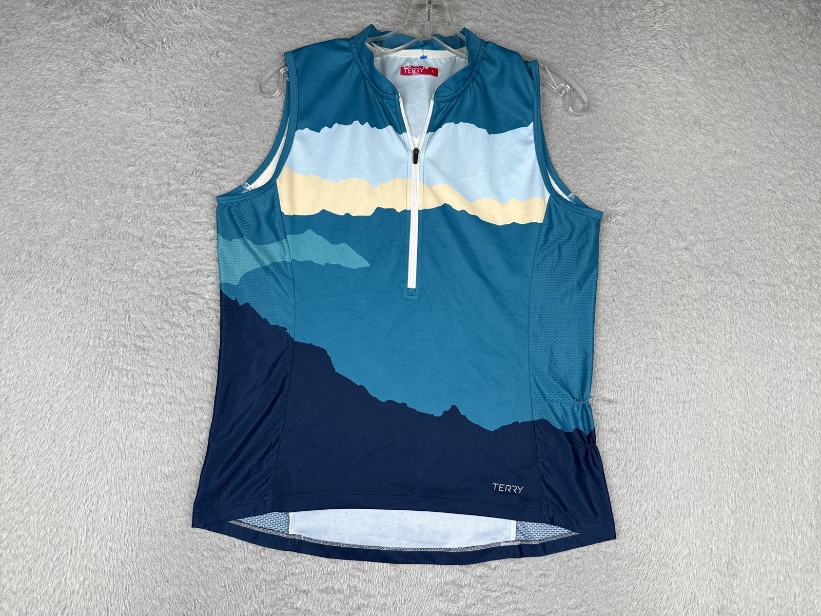 Terry Tank Top Womens Large Blue Mountain 1/4 Zip Sleeveless Cycling Jersey Poly
