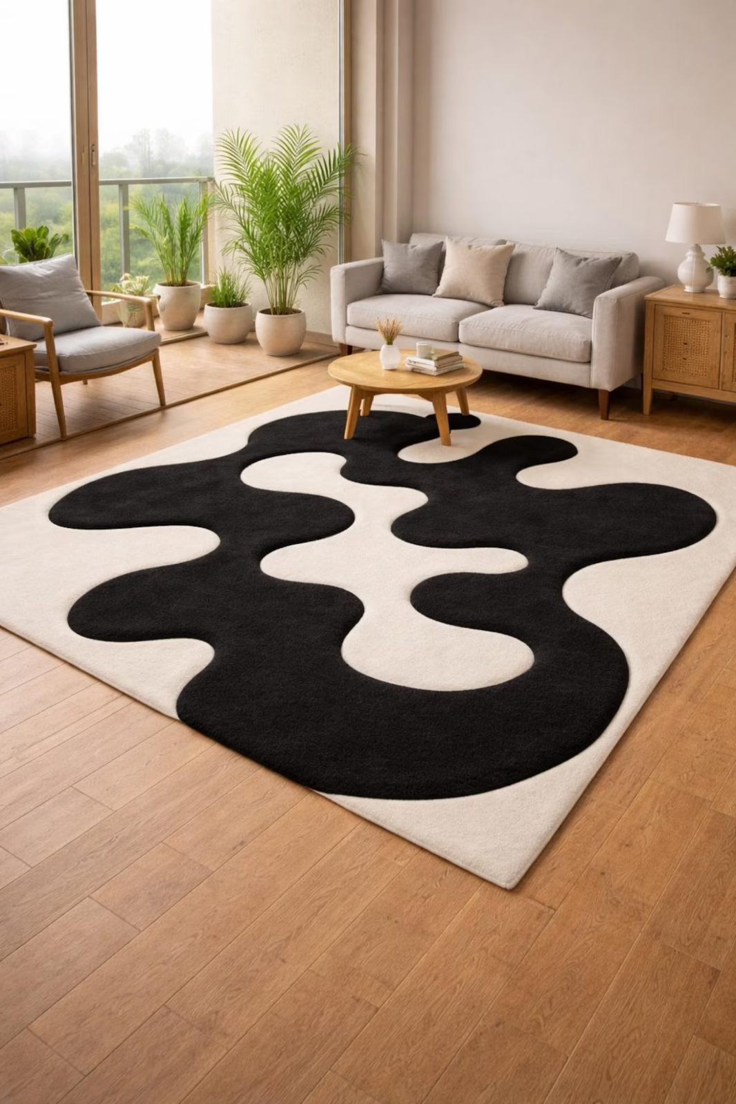 Modern Black White Abstract Wave Hand Tufted Area Rug for Minimal Living Room
