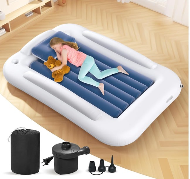 Inflatable Toddler Travel Bed Portable Kids Air Mattress 60in Sea Blue