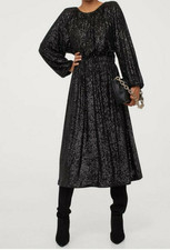 BLACK SEQUIN MIDI PARTY CRUISE EVENING DRESS WITH LONG SLEEVES UK 12-14 by H&M