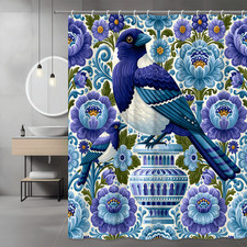 Blue Bird Floral Shower Curtain, Vintage Style Printed Design