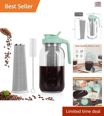 Cold Brew Coffee Maker Glass 64oz Stainless Steel Filter Leak-Proof Lid