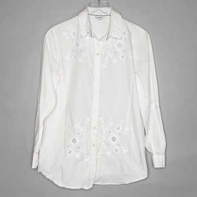 Desigual S White Garona Oversized Button Front Shirt Embroidered Detail *flaw
