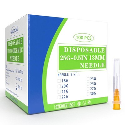 100 Pack 25 Ga 1/2 inch Disposable Needles with Caps for Scientific and Industri