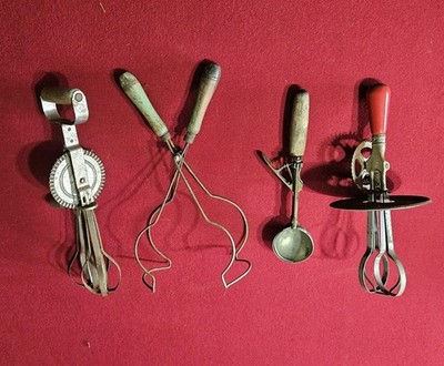 Lot of 4 Vintage Egg Beaters Hand Mixers Brass Scoop Canning Tools Antique