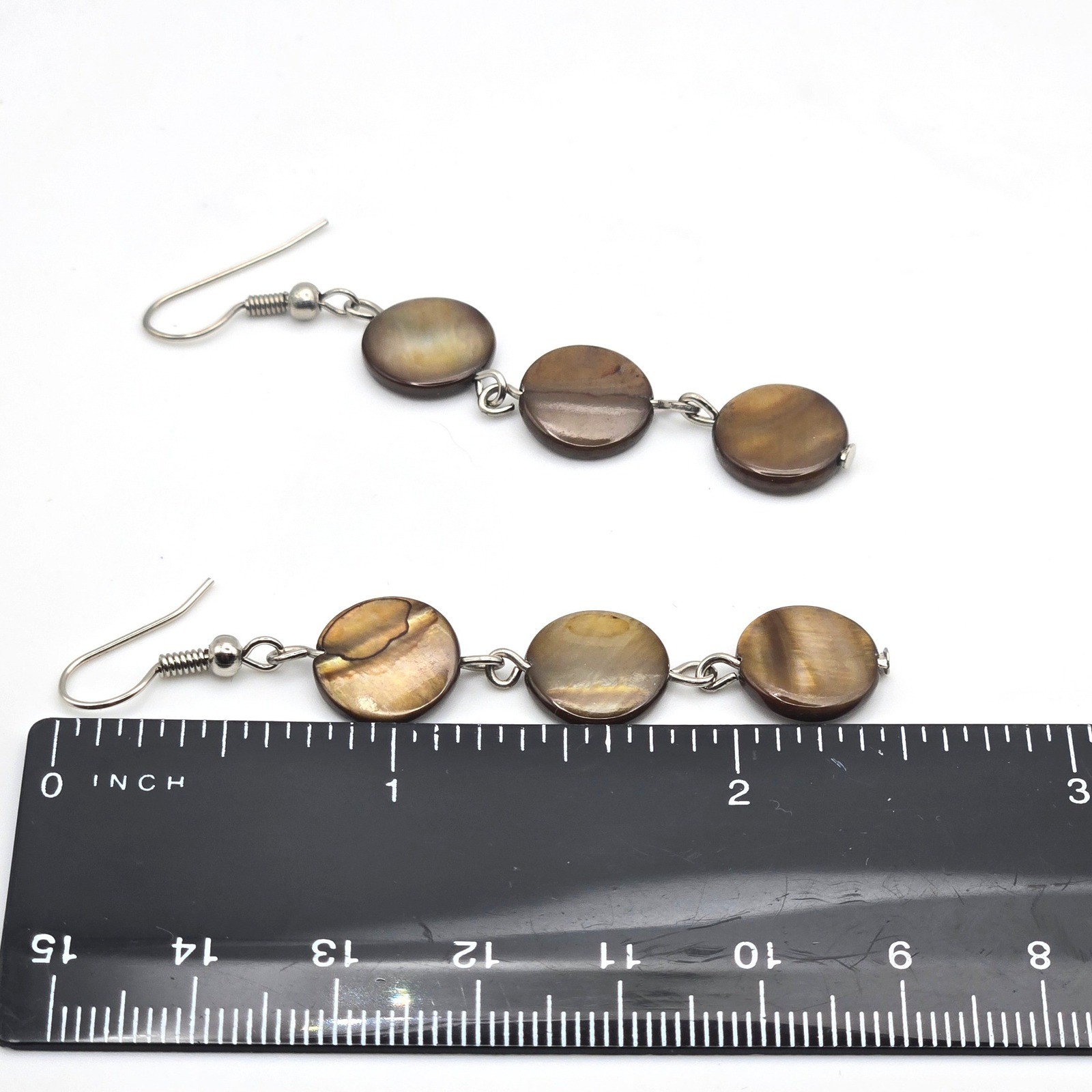 Triple Disc Shell Dangle Earrings Silver Tone Hoo… - image 3