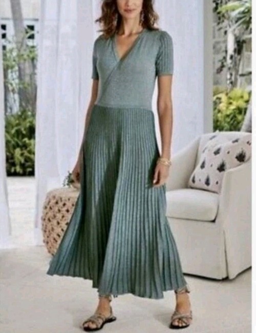 Vestido Suéter Soft Surroundings XL Lumine Brillante Sobrepelliz Plisado Verde Metálico